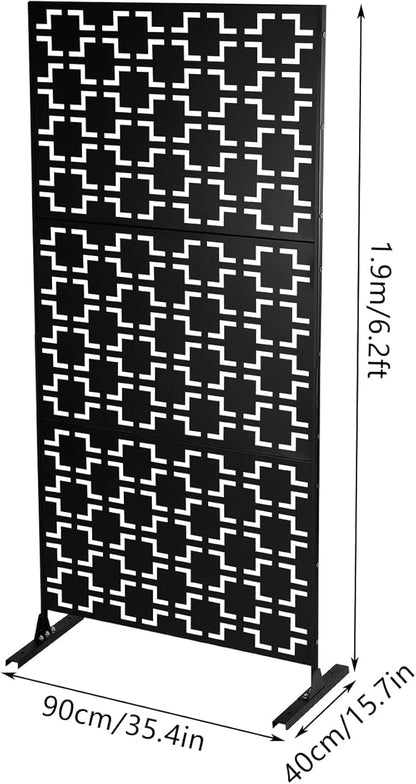 75" H×35" W Decorative Outdoor Privacy Screen with Stand, Outdoor Decor Privacy Fence Screen Metal Fence Panels, Free Standing Metal Divider for Patio Lawn Deck (Black-Square)