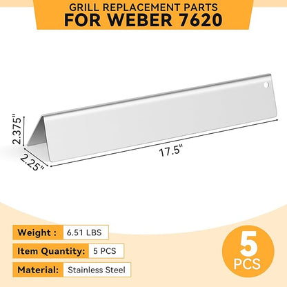 17.5 Inch Stainless Steel Flavorizer Bars for Weber Genesis 300 Gas Grills with Front-Mounted Knobs, for Genesis E310, E320, E330, S310, S320, S330, Replacement for Genesis Grill Parts 7620, 5 PCS
