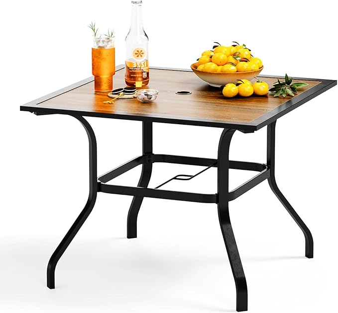 PHI VILLA 37" x 37" Patio Dining Table Outdoor Dining Furniture Umbrella Table with 1.57" Umbrella Hole, Steel Frame with Premium PVC Table Top for Patio, Lawn Garden