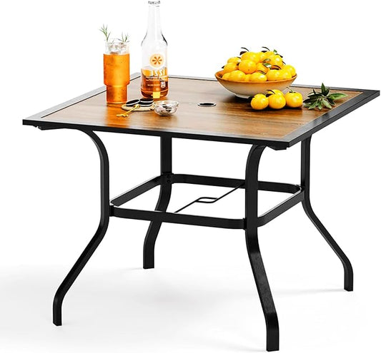 PHI VILLA 37" x 37" Patio Dining Table Outdoor Dining Furniture Umbrella Table with 1.57" Umbrella Hole, Steel Frame with Premium PVC Table Top for Patio, Lawn Garden