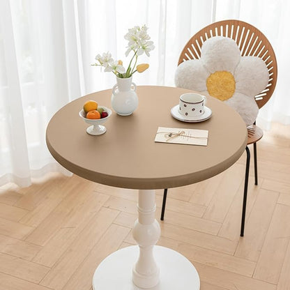 Round Fitted PU Tablecloth with High Elastic Edge 39 Inch Dia Waterproof Oil Proof Table Cloth Anti-scald Stain-Resistant Wipeable Table Cover for Indoor Outdoor Picnic (Cream Coffee,39"Dia)