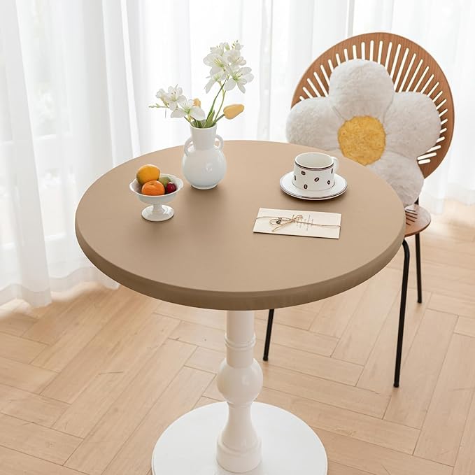 Round Fitted PU Tablecloth with High Elastic Edge 55 Inch Dia Waterproof Oil Proof Table Cloth Anti-scald Stain-Resistant Wipeable Table Cover for Indoor Outdoor Picnic (Cream Coffee,55"Dia)