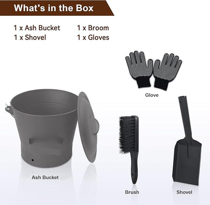 BRIAN & DANY Ash Bucket with Lid, 2.6 Gallon Fireplace Ash Bucket with Shovel and Hand Broom, Metal Bucket for Fireplace, Fire Pit, Wood Burning Stove, Gray