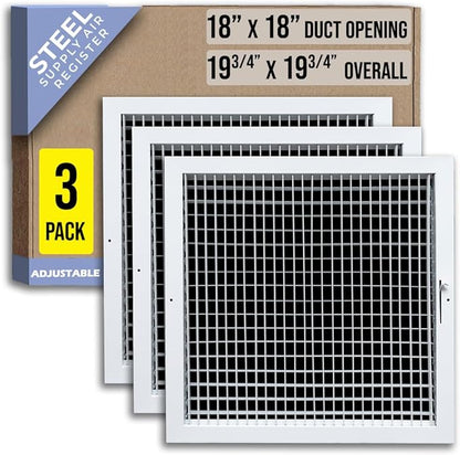 [3 Pack] Fits 18x18 Duct Opening Steel Adjustable Air Supply Grille by Handua | Register Vent Cover Grill for Sidewall and Ceiling | White | Out. Dim.: 19.75" X 19.75"