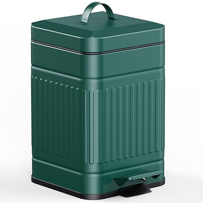 CEROELDA Small Trash Can with Lid-5L/1.3 Gal,Stainless Steel Outdoor Dog Poop Garbage Can-Farmhouse Retro Metal Waste Bin w/Step Pedal for Bathroom Bedroom Office-Soft Close-Green