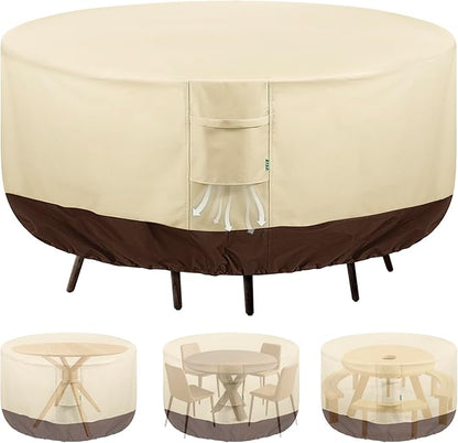 Round Patio Furniture Covers, 78" DIA x 28 H Waterproof Outdoor Furniture Cover for Patio Table & Chair Sets, 600D Heavy-duty UV-Resistant Fade-Proof Protection, Beige & Brown