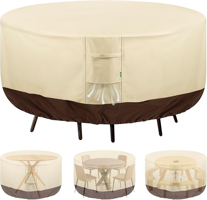 Round Patio Furniture Covers, 96" DIA x 28 H Waterproof Outdoor Furniture Cover for Patio Table & Chair Sets, 600D Heavy-duty UV-Resistant Fade-Proof Protection, Beige & Brown