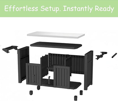 Kitchen Island Cart, 54" Outdoor Indoor Rolling Patio Serving Table with Stainless Steel Top, All-Weather Resin Cabinet with Storage & Wheels for BBQ Party, Black