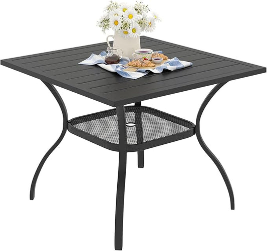 VICLLAX Patio Dining Table for 4 Square Metal Outdoor Table with Umbrella Hole and Storage Shelf for Garden Lawn Balcony Deck, Black