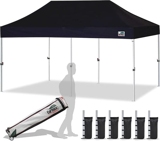 Eurmax USA 10'x20' Pop Up Canopy Tent Commercial Instant Canopies with Heavy Duty Roller Bag,Bonus 6 Sand Weights Bags (Black)