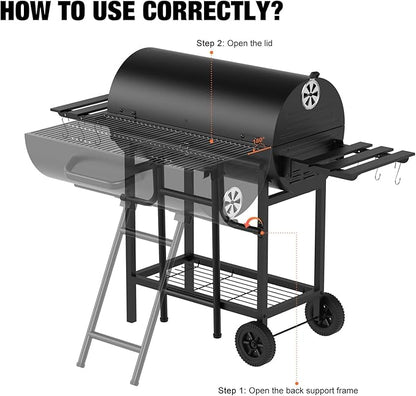 Extra Large Charcoal Barbecue Grill, 871 Sq. In. Cooking Space, Outdoor Barrel BBQ Grill with 2 Foldable Side Tables for Outdoor Backyard Patio Picnic Parties Camping, Black