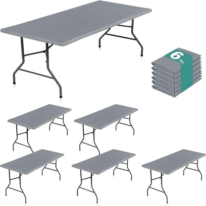 LUSHVIDA 6 Packs Vinyl Tablecloths with Flannel Backing for 8ft Rectangle Folding Table Cloths - Waterproof Plastic Picnic Table Covers with Elastic Corners, 30x96 inch, Light Gray