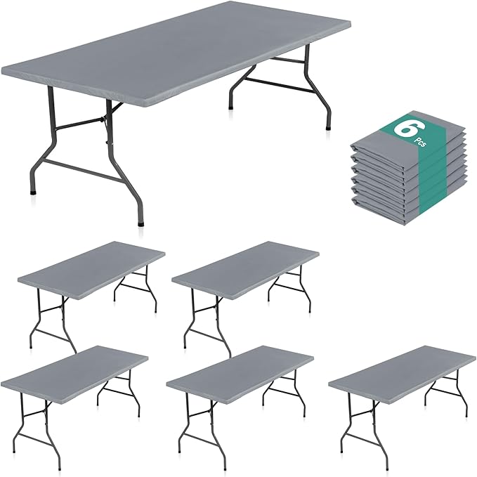 LUSHVIDA 6 Packs Vinyl Tablecloths with Flannel Backing for 4ft Rectangle Folding Table Cloths - Waterproof Plastic Picnic Table Covers with Elastic Corners, 30x48 inch, Light Gray