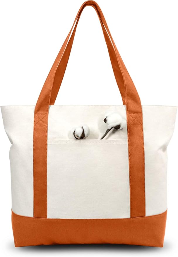 TOPDesign 1-Pack Canvas Tote Bag with an External Pocket, Reusable Grocery Shopping Bag, Top Zipper Closure, Daily Essentials (Orange/Natural)