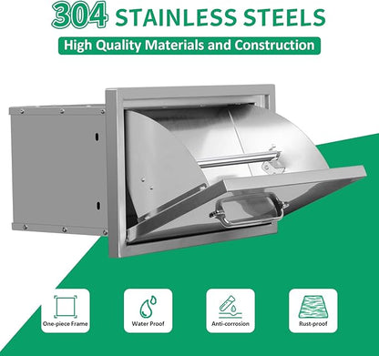 Outdoor Kitchen Drawers 16" W x 10" H x 10" D Stainless Steel Paper Towel Drawers with Ergonomic Handle for BBQ Island, Patio Grill Station & Outdoor Kitchen Cabinets