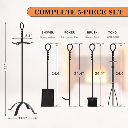 Gtongoko 35 Inch Fireplace Tools Set 5 Pcs Black Wrought Solid Iron Large Fire Tool Set for Outdoor/Indoor Include Chimney Poker, Rustic Tongs, Shovel, Antique Brush and Stand Accessories Set