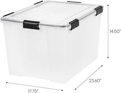 IRIS USA 4-Pack WeatherPro 74 Qt Clear Plastic Gasket Boxes with Latching Lids – Weathertight Heavy Duty Stackable Storage Containers for Clothes, Food, Tools or Camping Gear