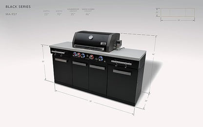 Mont Alpi MA-957 5-Burner 63000 BTU Black Stainless Steel Outdoor Kitchen Bar Gas Island Grill with Infrared Rear Burner + Rotisserie Kit + Granite Countertop + Storage Cabinets & Full Weather Cover