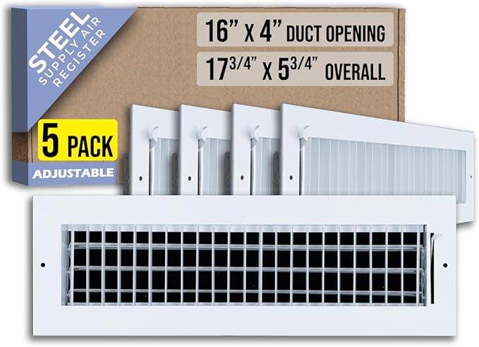 [5 Pack] Fits 16x4 Duct Opening Steel Adjustable Air Supply Grille by Handua | Register Vent Cover Grill for Sidewall and Ceiling | White | Out. Dim.: 17.75" X 5.75"
