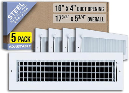 [5 Pack] Fits 16x4 Duct Opening Steel Adjustable Air Supply Grille by Handua | Register Vent Cover Grill for Sidewall and Ceiling | White | Out. Dim.: 17.75" X 5.75"