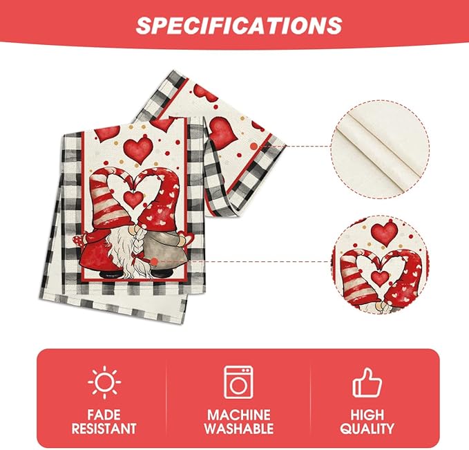Artoid Mode Watercolor Hearts Gnomes Love Table Runner, Seasonal Anniversary Wedding HoliKitchen Dining Table Decoration for Indoor Outdoor Home Decor 13 x 120 Inch