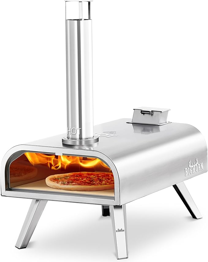 BIG HORN OUTDOORS 16" Woodfire Pizza Stone Oven, 1112°F Outdoor Stainless Pizza Cooker, Portable for Party Usage, Sliver