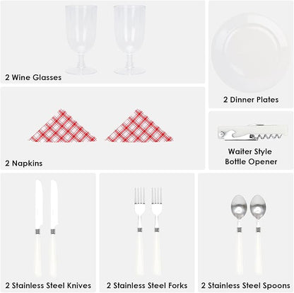 Picnic Basket Set for 2 Persons, Woven Woodchip Basket with Folding Handles & Lid, Red and White Gingham Lining Basket Set with Utensils Cutlery - Perfect for Picnic, Camping, Valentine Day, Outdoor