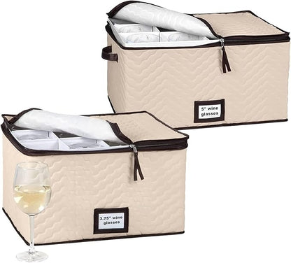 Wine Glass Storage Box with Dividers - Stemware Storage Case, Durable Quilted Microfiber Bin with Carry Handles, Protects Fine China - (2 Pack, Red & White Wine Glass)