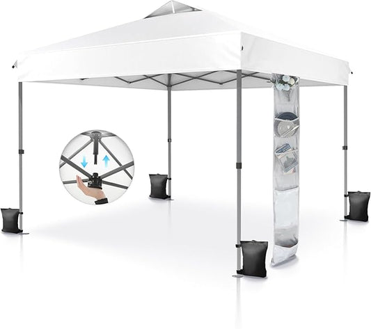 PHI VILLA 10x10 Pop Up Canopy Tent - One Push Setup, Instant Shade Tent with Vented Roof for Beach & Events - Includes Storage Bag, Sandbags, Stakes & Ropes (White)