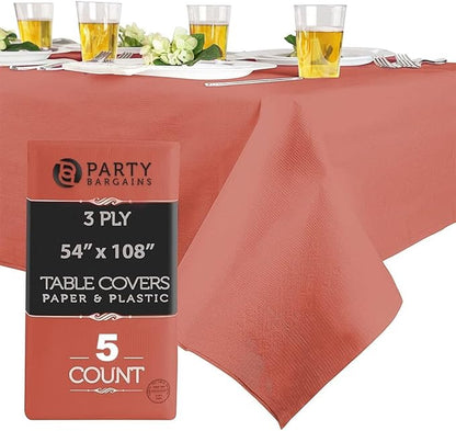 PARTY BARGAINS 5 Disposable Table Covers - 54" X 108" Red Table Cover, 3 Ply Paper & Plastic Tablecloth