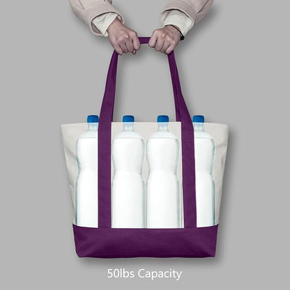TOPDesign 1-Pack Canvas Tote Bag with an External Pocket, Reusable Grocery Shopping Bag, Top Zipper Closure, Daily Essentials (Purple/Natural)