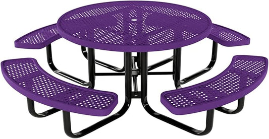 COATEDOUTDOORFURNITURE Heavy-Duty Portable Outdoor Kids Table with Umbrella Hole, Punched Steel Kids Picnic Table, Commercial-Grade, Made in America (46 in, Round, Childrens, Purple)