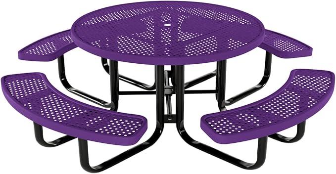 COATEDOUTDOORFURNITURE Heavy-Duty Portable Outdoor Kids Table with Umbrella Hole, Punched Steel Kids Picnic Table, Commercial-Grade, Made in America (46 in, Round, Childrens, Textured Purple)
