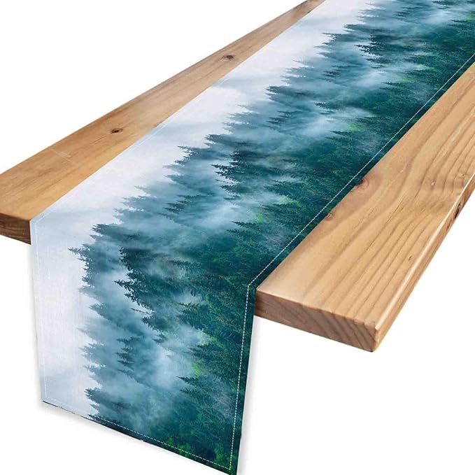 Forest Table Runner, Rustic Farmhouse Misty Pine Tree Woodland Mountain Country Coffee Table Center Decor for Home Kitchen Dining Patio Holiday Party Indoor Outdoor Table Decorations, 13"x36" Inch