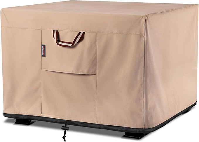 QH.HOME Fire Pit Cover Square-29-30 Inch Heavy Duty 900D Strong Tear-Resistant and UV Resistant and Waterproof and Fading Resistant Material Polyester Firepit Covers for Outdoor Fire Table-Wheat