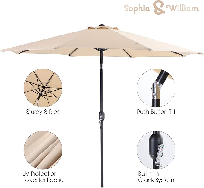 Sophia & William 5 Pieces Patio Dining Set with 9 ft Beige Patio Umbrella, Outdoor PE Rattan Chairs and Square Metal Table Set with Cushions and 1.57" Umbrella Hole for Porch Poolside Backyard