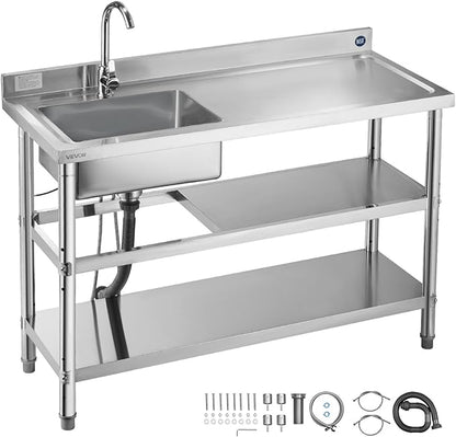 VEVOR Stainless Steel Utility Sink, Free Standing Single Bowl Commercial Kitchen Sink with Faucet and Hot & Cold Water Pipe, Dual Storage Shelves for Garage, Restaurant, Laundry, 47.2 x 19.7 x 37 in