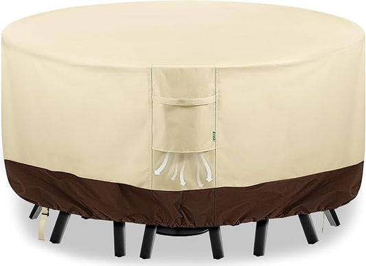 Round Patio Furniture Covers, 78" DIA x 28 H Waterproof Outdoor Furniture Cover for Patio Table & Chair Sets, 600D Heavy-duty UV-Resistant Fade-Proof Protection, Beige & Brown