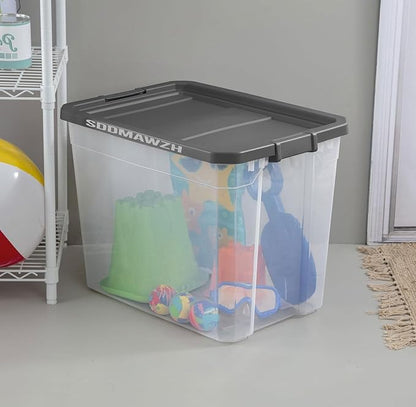 108-Quart Clear Plastic Stackable Storage Tote with Latching Lid, Textured Grip, Flat Grey Lid,Heavy Duty Stackable Storage Bins, – Closet, Bathroom, Office Organizer