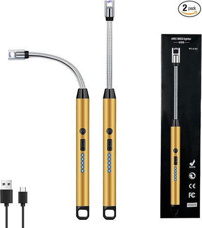 2 PCS Candle Lighter, Lighters for Candle Arc Windproof Flameless with 360° Flexible Neck & LED Power Display, Electric Lighter for BBQ, Grill, Camping, Fireplace, Stove(Gold)