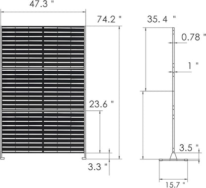 Kozyard Metal Privacy Screen 74" H x 47.2" W Decorative Outdoor Divider with Stand Panels Freestanding Screen Set for Deck Patio Balcony Garden Outdoor&Indoor(Black/Horizontal Slat)