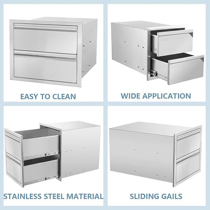 Outdoor Kitchen Drawers 18" W x 15" H x 23" D Flush Mount BBQ Drawers Double Layer Access Storage Drawers for Outdoor Kitchen Island, Patio Grill Station