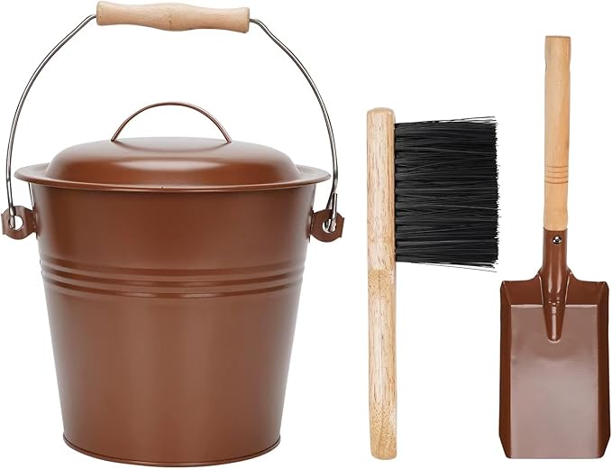 Mini Ash Bucket with Lid, 1.5-Gallon Pail with Shovel and Hand Broom, Metal Bucket Coal and Ash Carrier (Copper)