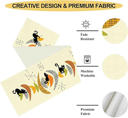 Mid Century Table Runner, Retro 1950s Black Cat Atomic Modern Abstract Coffee Table Center Decor for Home Kitchen Dining Patio Holiday Party Indoor Outdoor Table Decorations, 13"x36" Inch