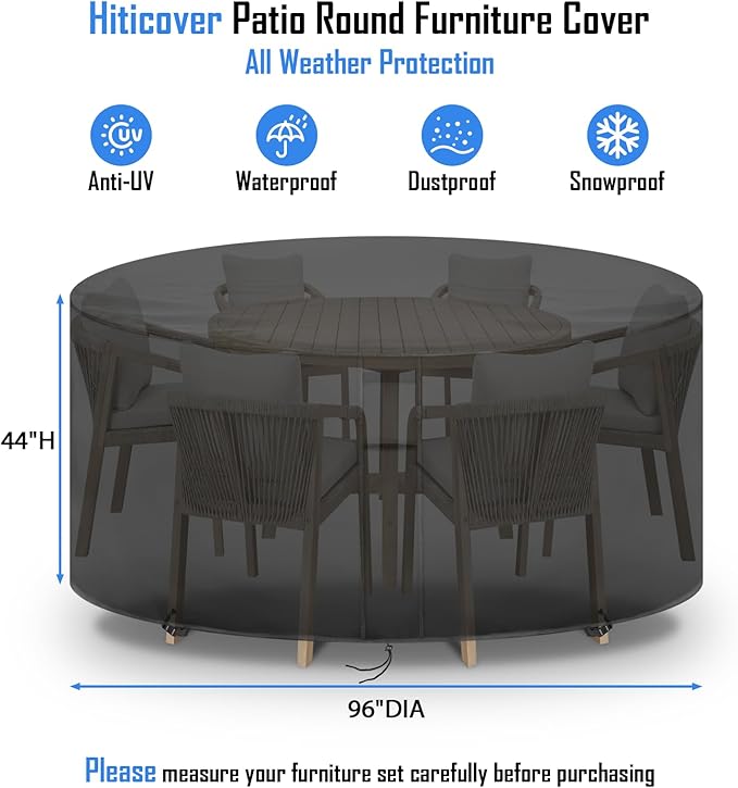 Round Patio Furniture Covers Waterproof, 96 Inch High Outdoor Round Table Cover, Tall Bar Height Outside Table and Chairs Set Covers for Winter, Rainproof Fadeproof - 96" Dia x 44" H