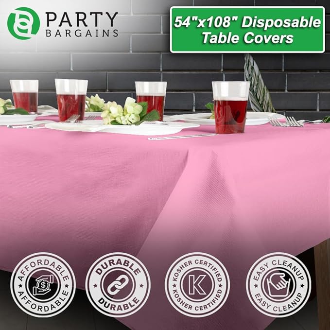 PARTY BARGAINS 5 Disposable Table Covers - 54" X 108" Pink Table Cover, 3 Ply Paper & Plastic Tablecloth