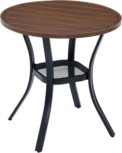 VICLLAX 27.5" Outdoor Round Patio Table for Lawn Garden, All Weather Metal Round Patio Dining Table with Storage Shelf, 2 Person Small Patio Table, Walnut Wood Grain
