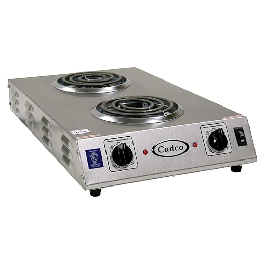 Cadco CDR-1TFB 13.5-Inch Portable Electric Commercial Countertop Hot Plate with 2 Burners and Infinite Controls, Stainless Steel, 120v, For Commercial Use, 14 lbs
