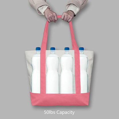 TOPDesign 1-Pack Canvas Tote Bag with an External Pocket, Reusable Grocery Shopping Bag, Top Zipper Closure, Daily Essentials (Rose Pink/Natural)