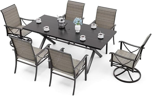 Kurapika 7-Piece Patio Dining Set, Outdoor Large Table with Umbrella Hole, 4 Stationary Chairs and 2 Swivel/Rocking Chairs, Patio Furniture Set for Garden, Deck, Porch, Pool All Weather, Brown